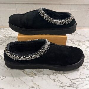 UGG Tasman Black Suede Slippers with Tasman Braid Collar